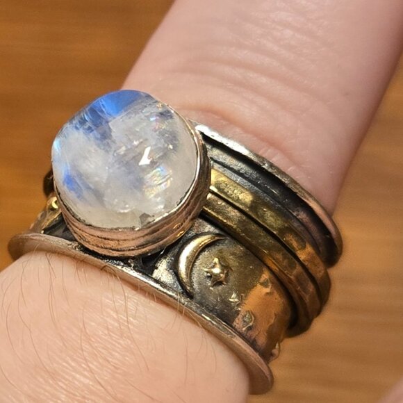 Boho Magic Stars Moon Fidget Spinning Ring Sterling Silver and Moonstone, Sz 7 - Picture 1 of 7